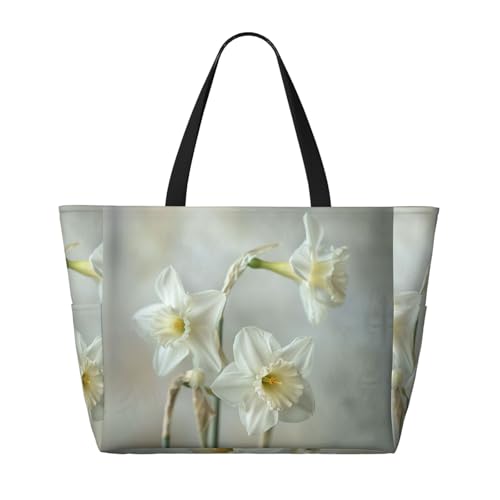 White daffodil Print Large Capacity Foldable Washable Zipper Beach Travel Tote Bag ShoppingBag2