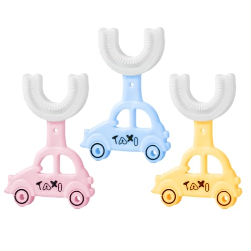 GXGM 3 Piezas Cepillo Dientes Bebe,Cepillos de Dientes en Forma de U para niños de 2 años, 360 Grados para la limpieza Bucal,Para Toda la Boca con Cabezal de Silicona Suave,S(Azul +Rosa +Amarillo)