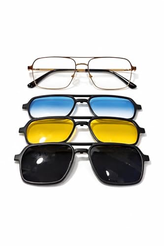 Image of Premium Tinted Eyeglasses with Magnetic Clip-On Sunglasses, 4-in-1, Matte Black Frame, Black Yellow Blue Lenses