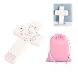 Holzkreuz Kommunion Geschenk – Dekorative Wand- oder Tischdekoration, 18 cm, mit pinkem Beutel, für Männer und Frauen, ideales Geschenk für Kommunion, Taufe, Geburtstag und mehr