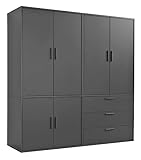 kleiderschrank 6 türig MADE IN GERMANY! Der Mehrzweckschrank aus Spanplatte mit nachhaltigem Holz aus europäischen Wäldern wird in NRW hergestellt. Kunststoffgriffe in Frontfarbe und eine kratzfeste Beschichtung in weiß oder anthrazit runden das schlichte Design ab.