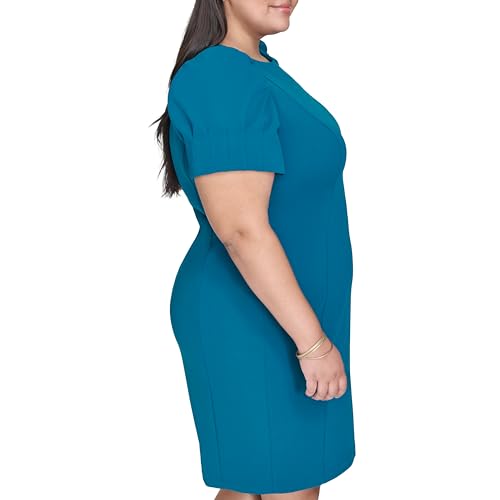Image of DKNY Women's Short Puff Sleeve Knee Length Sheath Dress with Exposed Back Zipper