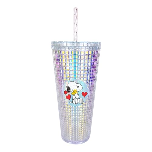 Image of Spoontiques Peanuts Diamond Tumbler, 20oz - Textured Cup w /Staw, Double Wall Insulated, BPA Free - Snoopy