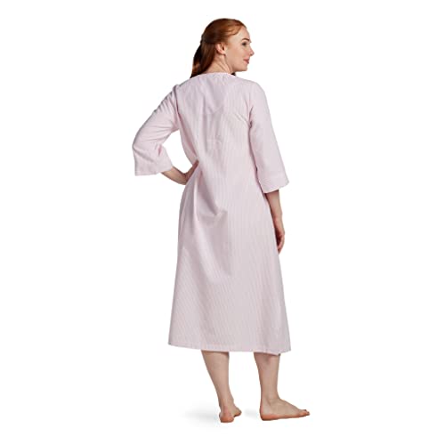 Image of Miss Elaine Long Seersucker Women's Robe, Pockets and Zipper with Front Embroidered Trim, Sleepwear & Loungewear