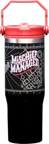 Spoontiques Mischief Managed 30oz Stainless Steel Water Bottle - 10" Tall, Twist Off Lid & Carrying Handle - Stainless Steel Outer Wall & Acrylic Inner Wall
