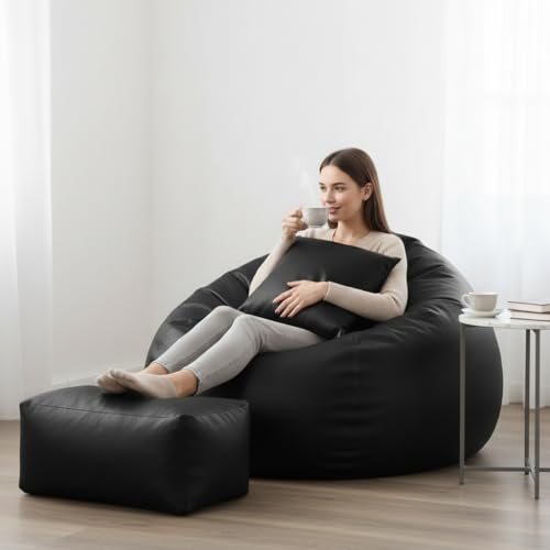 Image of Luxury 5XL Jumbo Bean Bag with Footrest & Cushion | Premium Leatherette | High-Density Beans Filled | Heavy Duty Double Stitch | 6 Months Warranty Color- (Navy Blue) (Black)