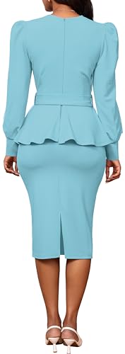 Image of Dresses for Women Elegant Long Sleeves Ruffles Pencil Knee Length Split Business Dress with Belt Zipper