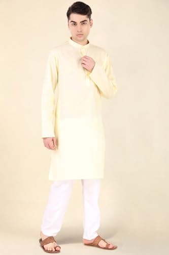 Image of Men's Cotton Solid Kurta Set Mandarin Collar Regular Fit Long Sleeves Ethnic Dress