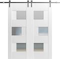 VDOMDOORS Modern Double Barn Door 72 x 84 inches with Opaque Glass/Sete 6933 White Silk/Stainless Steel 13FT Rail Track Set/Solid Panel Interior Doors