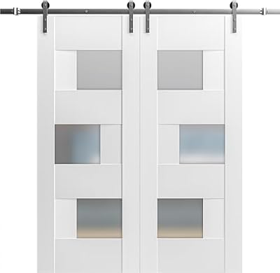 VDOMDOORS Modern Double Barn Door 72 x 84 inches with Opaque Glass/Sete 6933 White Silk/Stainless Steel 13FT Rail Track Set/Solid Panel Interior Doors