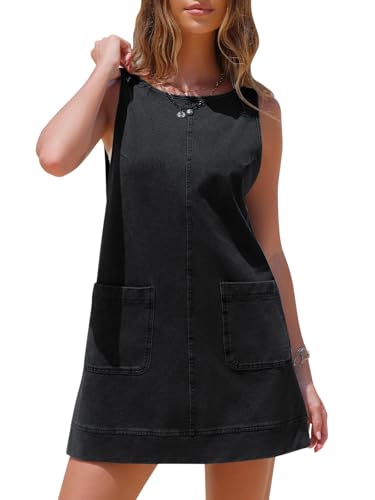 EXLURA Womens Sleeveless Denim Dress Casual Summer Crewneck A Line Overall Mini Dress Jean Jumper Pinafore with Pockets 2025