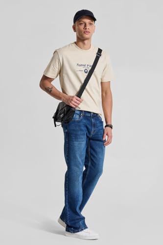 Image of SNITCH Mens Contrast Stitch Coin Pocket Full Length Cotton Lycra Solid Pattern Light Weight Mid Rise Bootcut Jeans