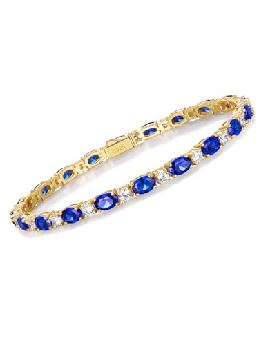 Wyyxl Blue Sapphire Bracelets for Women - 7.5 Inch Length Wrist Chain 14K Gold Plated 11 Cttw Sparkly Oval Diamond and Saphire Tennis Bracelet