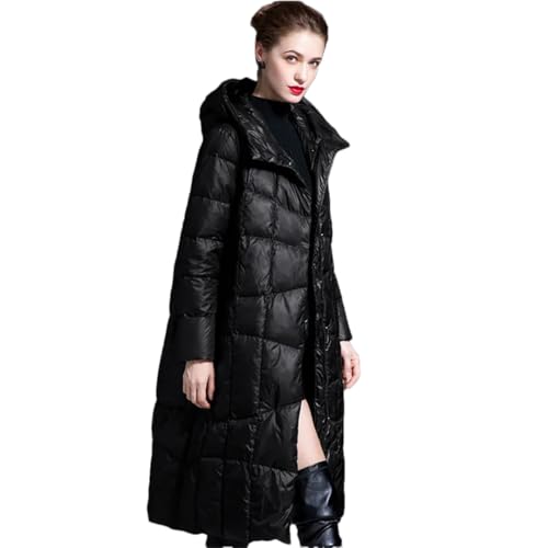 Dam dunkappa lös lång varm vit anka parkas snökläder ytterrock, Svart, S