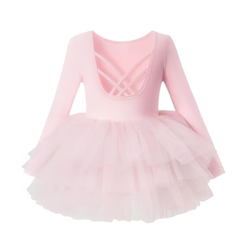 Toddler Girls Ballet Tutu Dresses Long Sleeve with Criss-Cross Back Skirted Dance Dress Ballerina Outfits Pink 12-18 Months