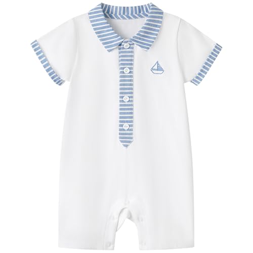 Image of pureborn Baby Boys Girls Nautical Romper One-Piece Beach Outfit Summer Clothes 0-24 Months