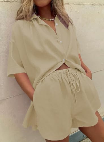 Image of Fixmatti Women 2 Piece Outfits Long Sleeve Button Down Blouse and Shorts Sweatsuit Sets