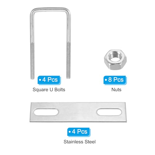 Image of PATIKIL M8x50x100mm Square U-Bolts Kit, 4Set 304 Stainless Steel Square U Shaped Bolts Replacement Parts with Frame Plates and Nuts for Ski Board Sailboat Trailer