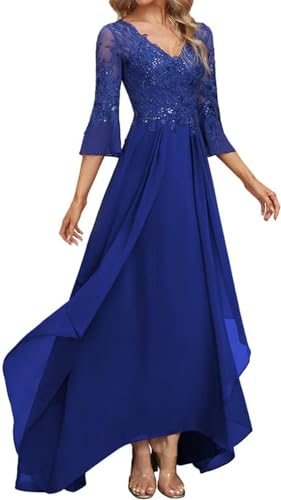 Lace Appliques Mother of The Bride Dresses for Wedding 3/4 Sleeve V Neck Chiffon Formal Evening Gowns3
