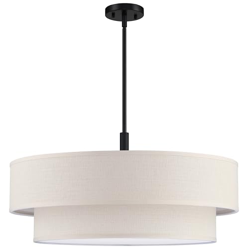 SEENMING HOUSE 6 Light 26 Inch Cream Fabric Shade Hanging Pendant Ceiling Light Fixture,Adjustable Rod Semi Flush Mount Light Black Finish for Bedroom,Living Room,Dining Room Hallway
