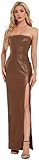 OVRUNS Leather Dress for Women Strapless Faux Leather Split Thigh Maxi Pu Dresses for Party Cocktail Brown S