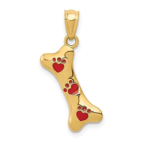 14K Yellow Gold Dog Bone Red Enamel Paw Print Prints Pendant Charm Necklace Animal Fine Jewelry For Women Gifts For Her #TOP8
