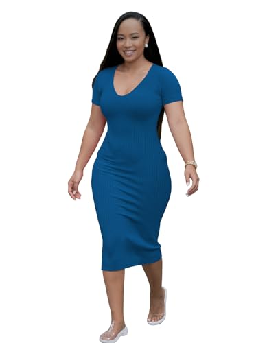 Image of TOPSRANI Women Sexy Midi Dress Bodycon Casual Sleeveless Basic Ruched Tank Summer Club Party Dresses