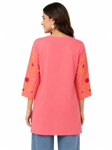Image of HAUTEMODA Women Cotton Floral Embroidered Short Kurti, Tunic, Three-Fourth Sleeves, White