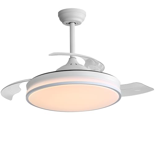 Jumoking Ventiladores de techo con luz LED 47 W, 106 cm, ventilador de techo aspas retráctiles, 3 temperaturas de color ajustables, 6 velocidades, temporizador, motor DC reversible (White, 3 hojas)