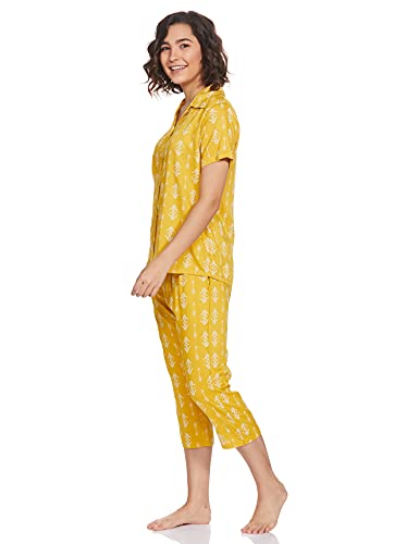 Image of Longies Women's Rayon Pyjama Night Suit Regular Capri Set (LCHSV001 Yellow009 XL)
