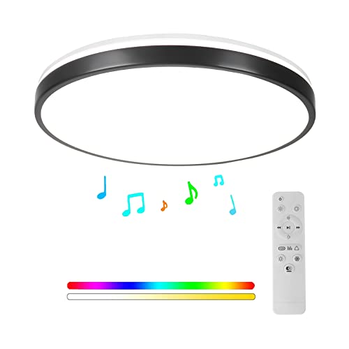 Horevo 24W Bluetooth Luz de Techo con Altavoz 30CM, Luz de Techo LED de Música con Bisel Negro y Control Remoto, Cambio de Color RGB Regulable Para el Baño de la Habitación de los Niños (Negro)