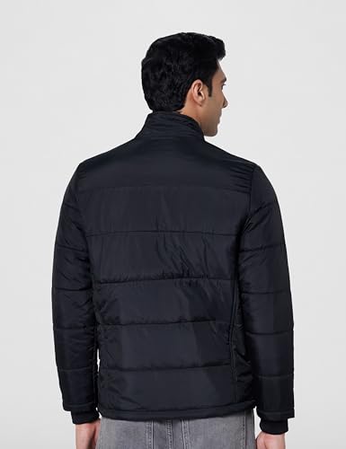 Image of Qube By Fort Collins Men's Nylon Standard Length Regular Fit Quilted Bomber Jacket with Detachable Hood - Winter Warm, Insulated Lining, Ribbed Cuffs, and Stylish Design