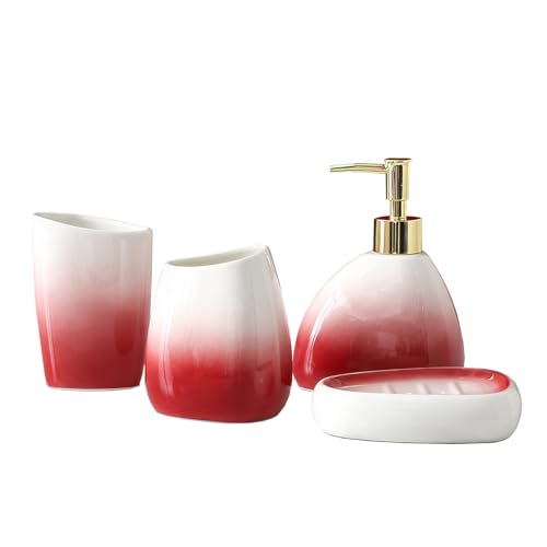 Bathroom Accessory Set, 4 Pcs White & Red Gradient Ceramic