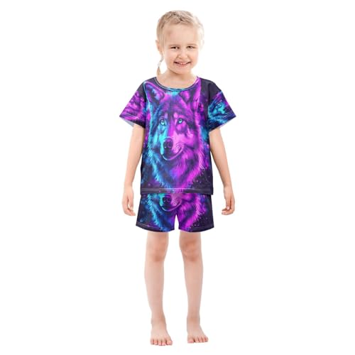 ALAZA Color Wolf Blue Pajamas Set Short Sleeve Cotton Sleepwear Summer Pjs 2 Piece 5-14Y3