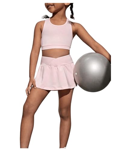 Image of SOLY HUX Toddler Girl's 2 Piece Workout Outfits Lightweight Crop Tank Tops and Skort Athletic Set Solid Pink 7Y