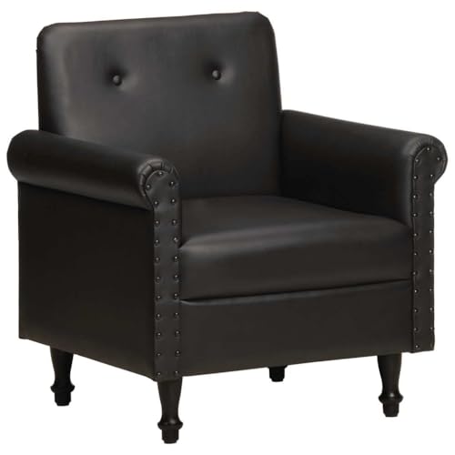 Bucmath Sillón de lujo, cuero genuino negro, 65 x 57 x 73 cm, cómodo sillón de salón para sala de estar, dormitorio, oficina, sillón de lectura para adultos