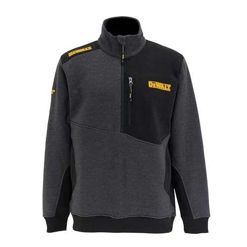 Image of DEWALT Redland Men’s Work Sweatshirt, Quarter Zip Pullover with Chest Pocket, Cotton Blend Jumper, Regular Fit with Ribbed Cuffs & Hem, Colour Block Workwear, Grey/Black, Large
