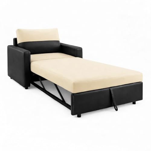 Image of SOCOZI Enrique 1 Seater Sofa Cum Bed | Premium Leatherette Upholstery | Modern Convertible Design | Comfortable Seating & Sleeping Solution for Living Room (Black-Cream)