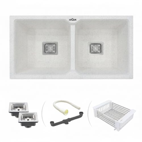 Image of ARQUIN Double Bowl Quartz Kitchen Sink 45x20x9 Inch Sand Pluto | Undermount,Topmount | Including Coupling,Sink Connector,Waste Pipe & Fruit Washing Basket