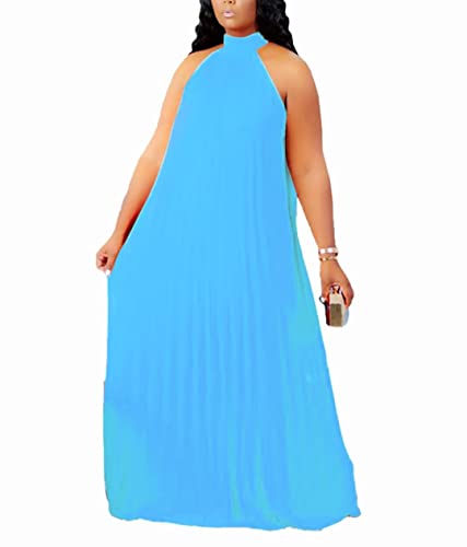 Image of Aro Lora Womens Casual Sleeveless Plus Size Chiffon Halter Neck Pleated Loose Long Maxi Dress
