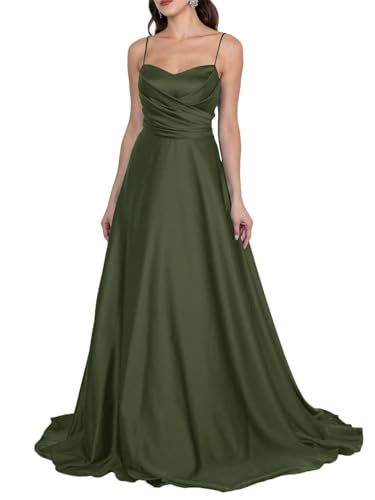 YIANN Vestido de dama de honor de satén para mujer, plisado, acampanado, con tirantes delgados, vestido formal largo, verde oliva, 54 Grande