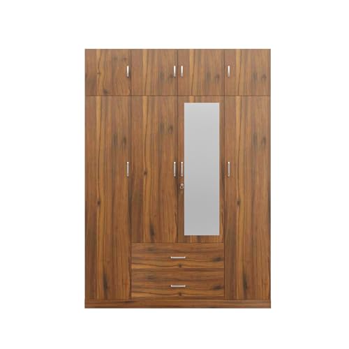 Image of VIKI Wardrobe | Wooden Almirah for Clothes,Door for Bedroom with Loft, 4 Door Wardrobe with Drawer, Mirror & Hanging Space (Brussel Walnut - 40D x 160W x 220H) | 1 Year Warranty | Free Assembly