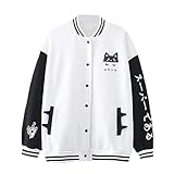 Outofgas Women's Cute Cat Baseball Varsity Jacket Casual Sweatshirt Kawaii Print Bomber Jacket Aesthetic Coat White