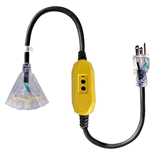 Ep 3 Ft Lighted Gfci Extension Cord With 3 Electrical Power Outlets - 12/3 Sjtw Heavy Duty Black Pigtail Extension Cable With 3 Prong Grounded Plug For Safety, Ul Listed #TOP4