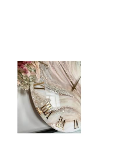 Image of Handmade Resin Wall Clock with Roman Numerals - Luxury Marble Effect Designer Wall Clock with Gold Finish, Silent Quartz Movement, Modern Home & Office Decor, Golden