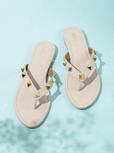 Image of Inc.5 Womens Cream Striped T-Strap Casual Flats Sandals Heeled
