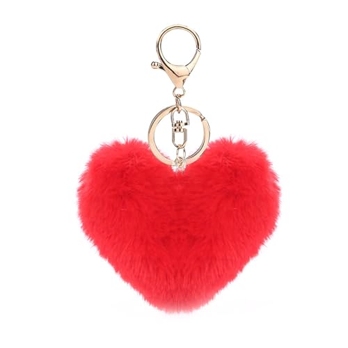 NICIFOAM Artificial Faux Rabbit Fur Keychain Fluffy Heart Plush Ball Pom Charm Key Chain Cute Car Key Decor Purse Handbag for Women Red