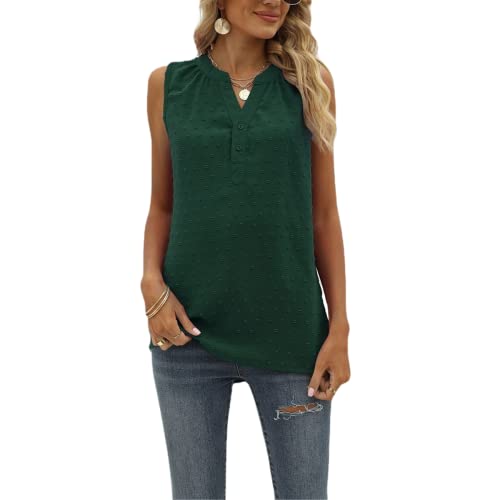 Blusa sexy de gasa sin mangas para mujer, blusa casual de ajuste holgado, camiseta sin mangas con cuello en V y botones, blusa de gasa para mujer, blusa de gasa para mujer, camisas sin mangas con