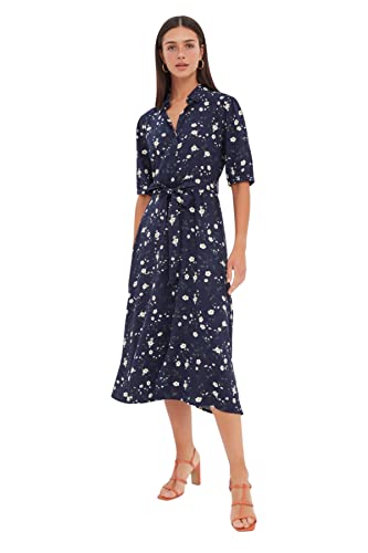 TRENDYOL Damen Midi-hemdkleid, Normale Passform, Gewebtes Kleid, Navy Blau,...