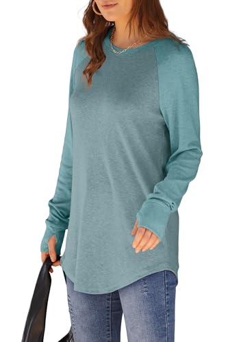 Image of XIEERDUO Womens Tunic Tops to Wear with Leggings Long Sleeve Thumb Hole Shirts Crew Neck Curved Hem